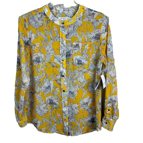 Liz Claiborne Gorgeous Spring Summer Yellow Floral Blouse Roll Tab Sleeves PSml - Picture 2 of 11
